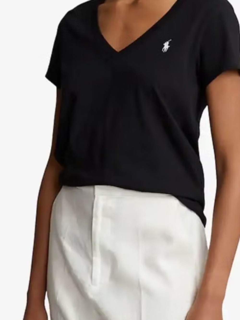 Ralph Lauren Sport Pima Cotton Jersey V-Neck Tee Black/White Pony Womens Large